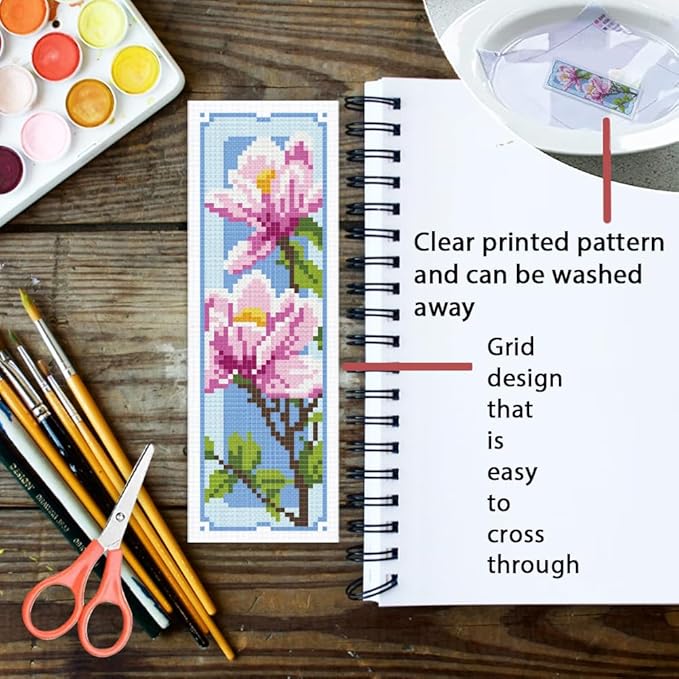 ORIGACH 6 Set Magnolia Cross Stitch Bookmark Kits for Beginner, Flowers Stamped Cross Stitch Kits with Instructions for Adults Bookmarks Lovers