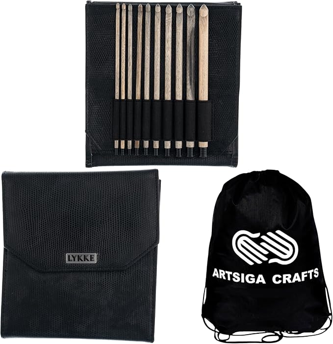 Lykke Driftwood 6 in. Set Sizes 3.5, 3.75, 4.0, 4.5, 5.0, 5.5, 6.0, 6.5, 8.0, 9mm Crochet Hooks for Sport, Baby, DK, Worsted, Chunky Yarn, Birchwood with Black PU Case, Project Bag