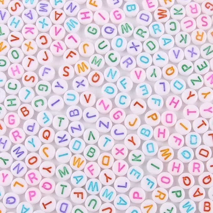 Acrylic Letter Beads Alphabet Colorful Letters White Round Bead, 4×7mm 1200pcs, for Friendship Bracelets and Gifts Souvenir Jewelry Making Kit