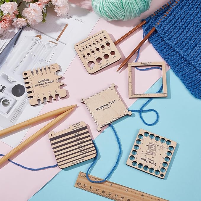 BENECREAT 6 Styles Wood Knitting Gauge Rulers, Crochet Hook and Yarn Wrap Per Inch Guide Knitting Tool for Spinners Yarn Measuring Crochet Accessories