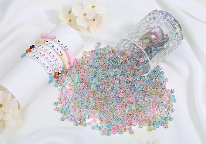 LAIDANLA 1500PCS Acrylic Letter Beads Alphabet Colorful Letters Transparent Round Bead 7×4mm for Jewelry Bracelets Necklaces Key Chains Making