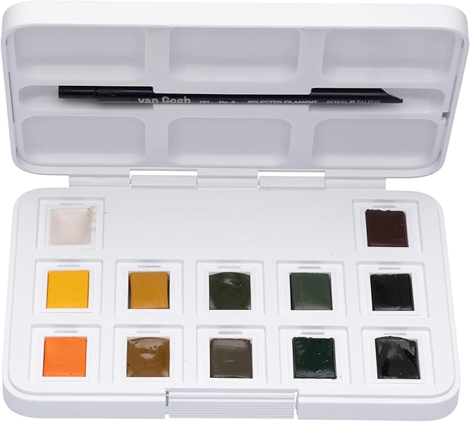 Van Gogh Watercolor Paint Set, Plastic Pocketbox, 12-Half Pan Shades of Nature Selection