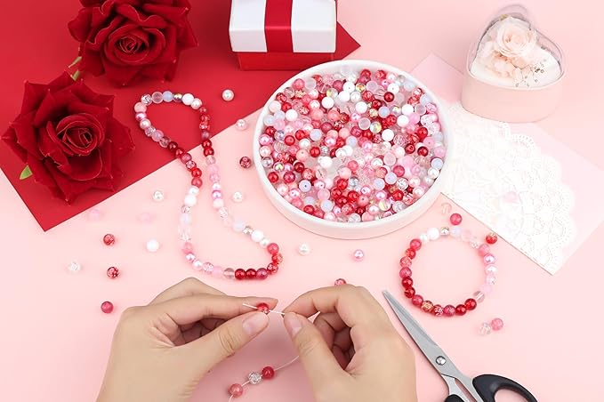 360Pcs Valentines Glass Beads for Jewelry Making, 18 Colors 8mm Round Red Pink White Crystal Bead Valentines Beads for Bracelets Necklaces Romantic Accessories Kit Earring DIY Crafts