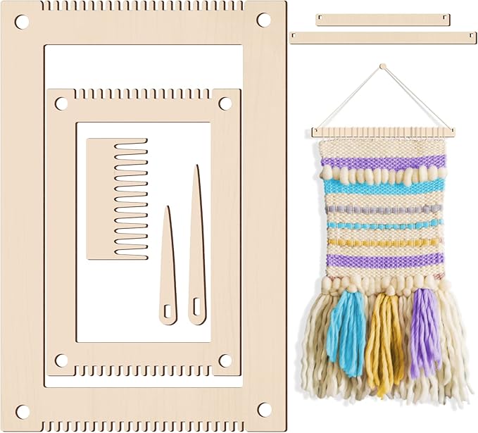 Juexica 7-Piece Weaving Loom Kit for Beginners, Complete Wooden Small Weaving Loom with Stick,Comb,Crochet Needle, DIY Craft Kit for Adults, Ideal Gift for Mother's Day Birthday Christmas(Beige)