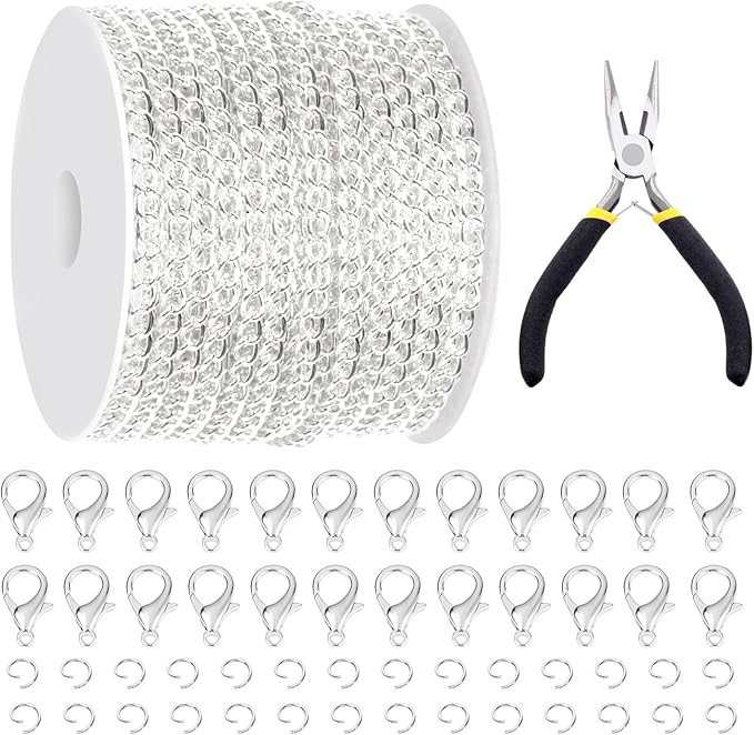 Glarks 102Pcs 30 Feet Jewelry Chains Set Silver Cable Link Chains Link Rolls Bulk Twisted Links Chain Necklace Jewelry Making Chains with Lobster Clasps and Jump Rings for Necklace Jewelry Making
