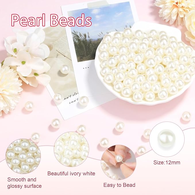 200Pcs 12mm Pearl Beads for Jewelry Making, Cute Acrylic Loose White Clay Pearl Beads for Crafting, Charm Fake Round Pearls with Hole for Necklace, Earring, Bracelet, DIY Craft, Vase Filler