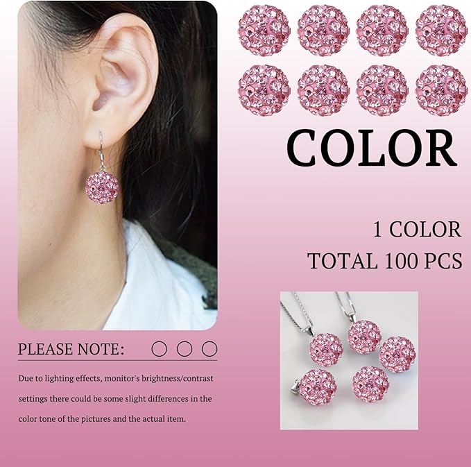Valentine's Rhinestone Beads for Baseball Necklace-Valentine Day Round Disco Ball Beads Rhinestone Clay Bead for Earring Jewelry Making,Necklace Bracelet,DIY Craft Supplies(100 pcs Soft Pink)
