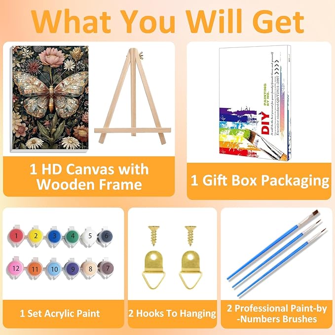 Framed Paint by Numbers Kit for Adults with Wooden Easel, Butterfly Paint by Numbers Kit for Adults, DIY Acrylic Oil Painting Kits with Brushes Gift Box for Home Wall Decor(16x20inch)