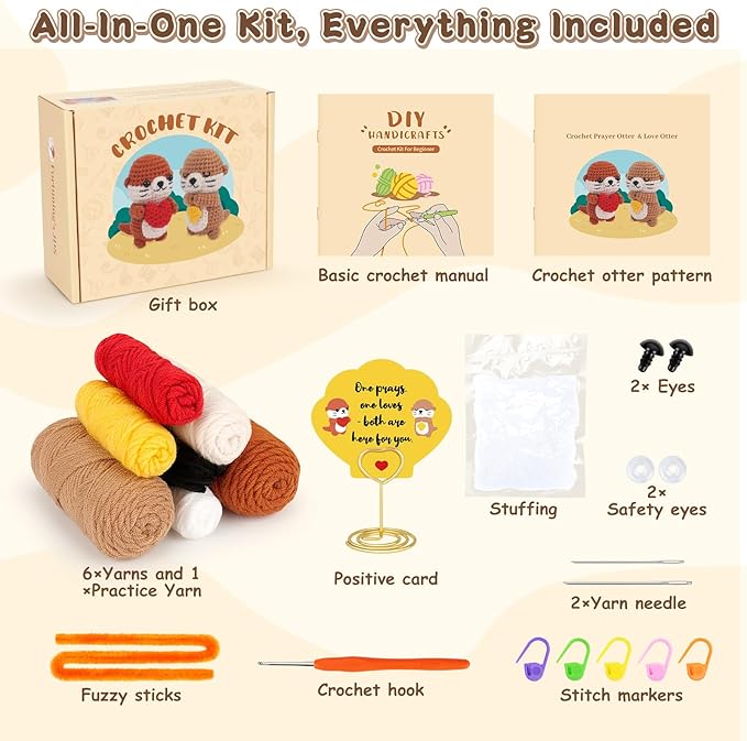 Crochet Kit for Beginners, Emotional Positive Support Crochet Gift, Otter Couple Crochet Animal Kit, Easy Crochet Kits for Adults, DIY Craft Gift Birthday, Valentine's Day, Teacher Appreciation