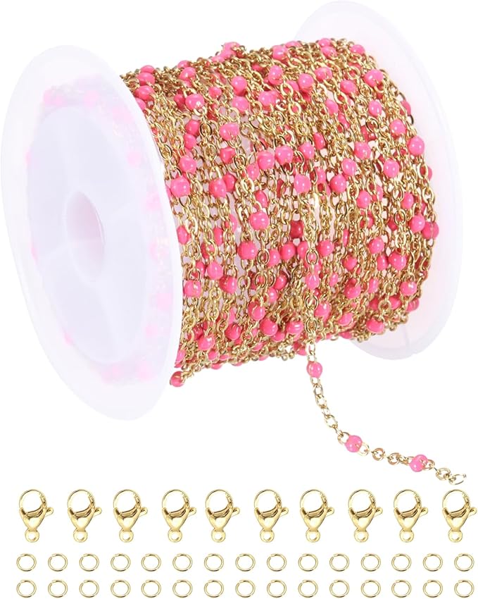 MECCANIXITY Stainless Steel Bead Chain, 16.4 Feet/5M Enamel Beaded Jewelry Link Cable Chains Spool Kit for Jewelry Making, Necklace, Bracelets, DIY Crafts (Gold/Rose Red, Pack of 1)