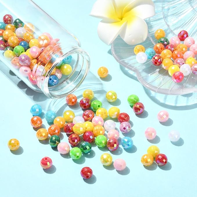 Ipotkitt 200 Pcs 8mm Faceted Round Acrylic Beads AB Color Platic Spacer Beads Random Color Round Ball Loose Beads for DIY Jewelry Making Home Decoration