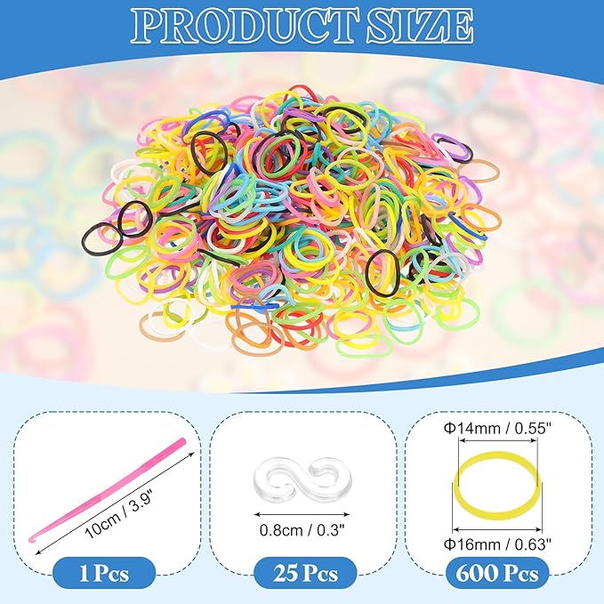 uxcell 600Pcs Loom Rubber Band, Bracelet Making Refill Kit Elastic Loom Band with 25Pcs S-Clips and 1Pcs Crochet Hooks for Weaving DIY Handcrafts, Multicolor