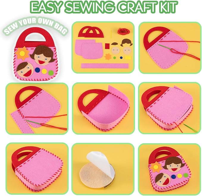 OZENT 8 Set Sewing Handbag Kit, Sew Your Own Purses and Handbags, Felt Sewing Kit with Stickers DIY Sewing Felt Craft for Girls