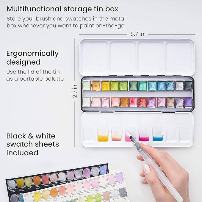 ARTEZA Metallic Watercolor Paint Set 24 Colors, Shimmering Watercolors in Half Pans with Water Brush Pen & Tin Box, Luminous, High-Pigment Paints for Paper & Mixed Media, Holiday Gift for Artists