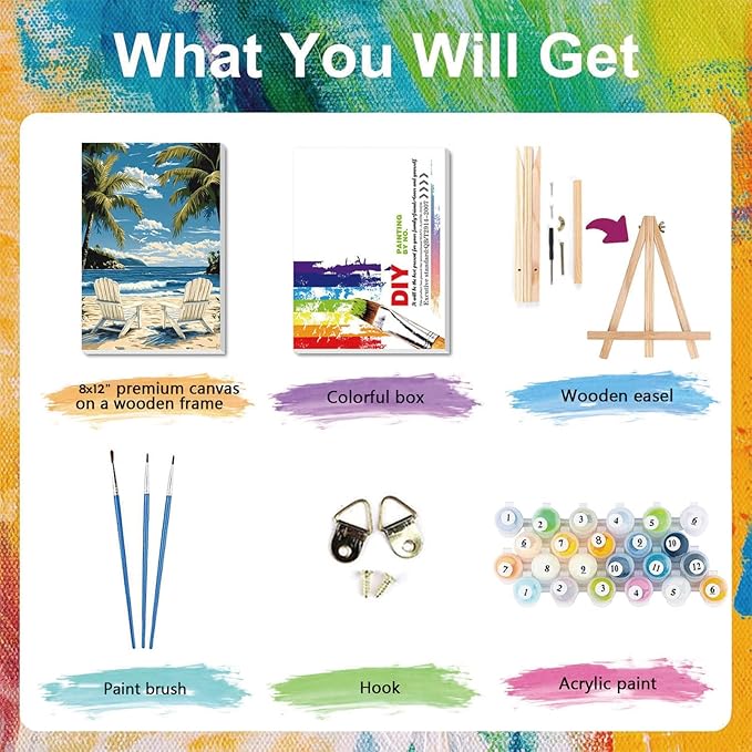 xackcme Beach Paint by Numbers for Adults with Framed Canvas - with Wooden Easel, Landscape Paint by Number on Canvas, DIY Acrylic Oil Painting Kits with Brushes for Home Wall Decor (8x12 inch)