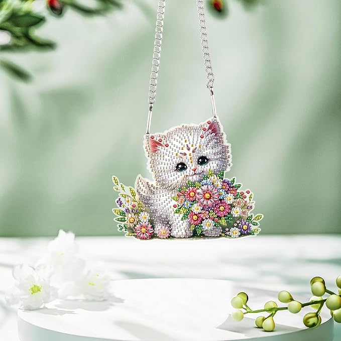 Tontut 5D DIY Diamond Art Painting Pendant kit, Flower cat Special-Shaped Hanging Crystal Window Pendant kit, Adult Gift Home Curtains, Yard Entrance Decoration