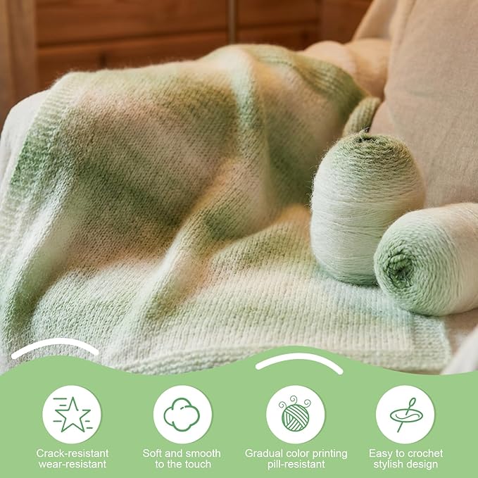 3 Pack Ombre Yarn for Crocheting, 80g/2.65oz Fluffy Soft Acrylic Gradient Yarn Cakes, #4mm Hook, Large Cloud Feel Yarn for Beginner Knitting, Star Blanket, Scarf, Shawl Garment DIY Crafts (Green)