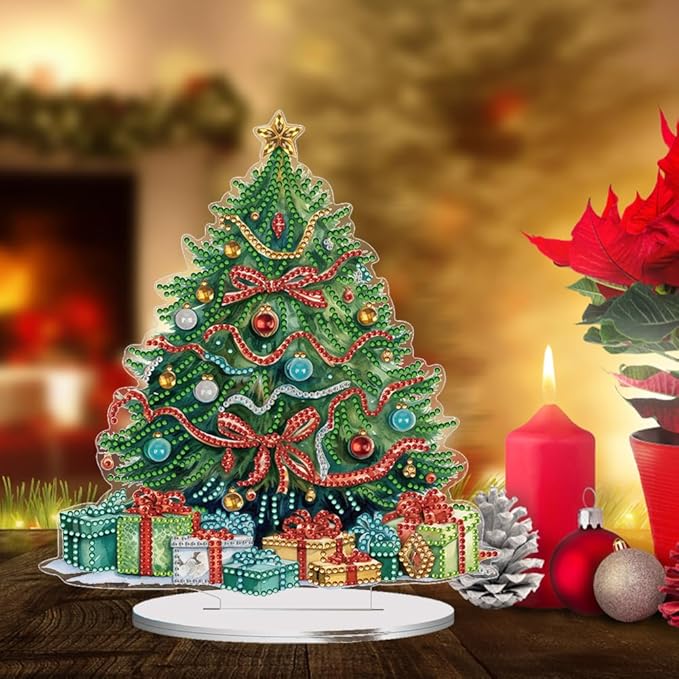 LAKEQUILL Christmas Tree Desktop Diamond Art Kit for Adults Christmas,DIY Stand Up Double Sided Special Shaped Diamond Art Desktop Ornaments for Home Office （ Christmas Tree）