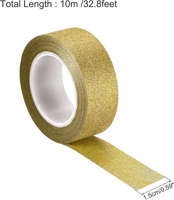MECCANIXITY 0.6inch x 32.8ft Glitter Tape, Decorative Craft Tape Self Adhesive Stick 1.5cmx10m Gold Tone for Scrapbook, DIY Arts, Gift Wrapping Pack of 3