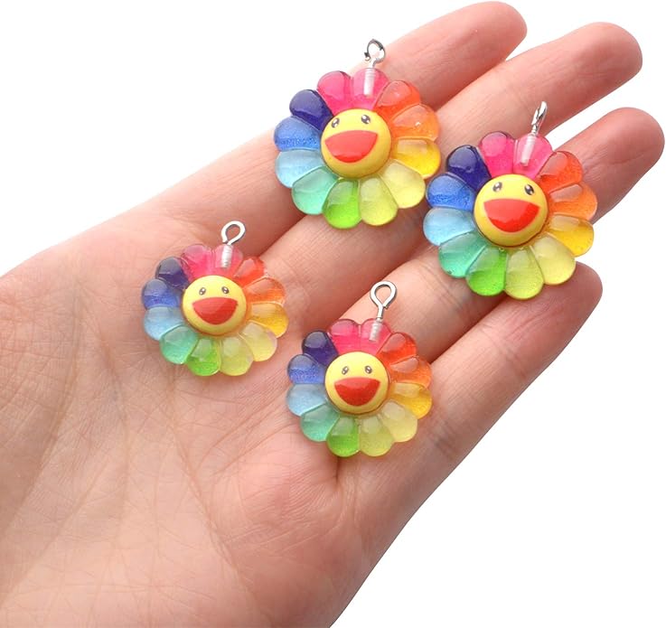 Aylifu Sunflower Charm Pendants,20pcs Resin Rainbow Flower Charms Face Charm Sunflower Cabochons Epoxy Charms for DIY Jewelry Necklace Crafts Making,2 Sizes