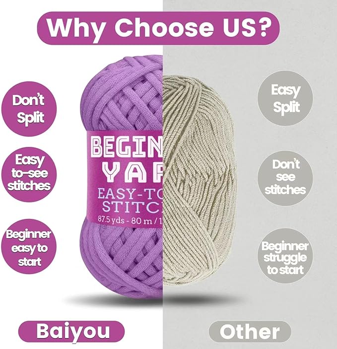 Beginners Purple Yarn - 3x50g, 260 Yards for Crocheting & Knitting, Easy-to-See Stitches, Medium #4, Chunky Thick Cotton Nylon Blend