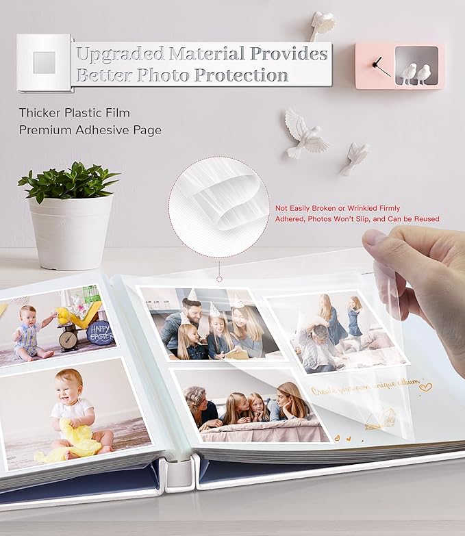 Photo Album Self Adhesive Scrapbook Album for 3x5 4x6 5x7 8x10 Pictures,120 Pages Linen Cover with Display Window DIY Photo Book,Ideal Gifts for Family Travel Wedding Baby