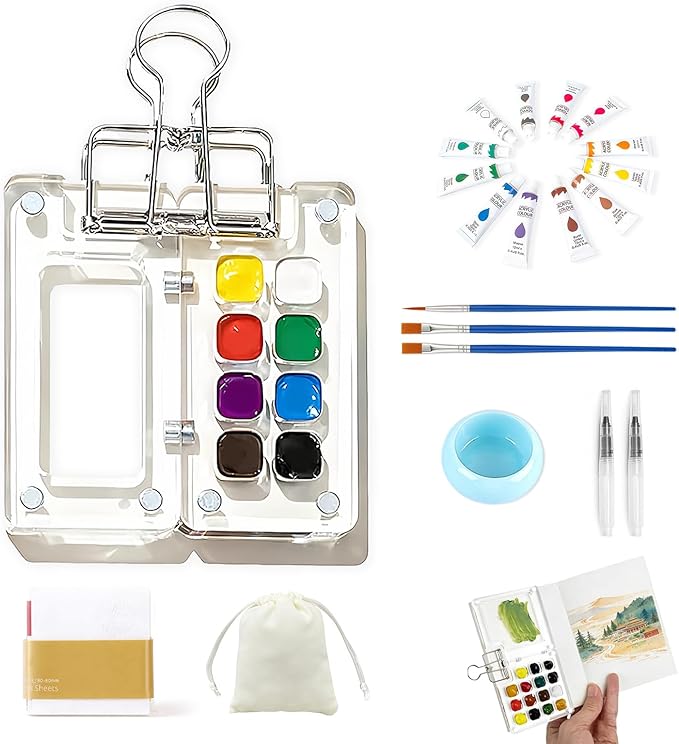 Portable Mini Watercolor Paint Set - All-in-One Travel Kit with Paints, Brushes, Palette, Bag, and Water Container - Perfect for Artists and Beginners-8 Grids