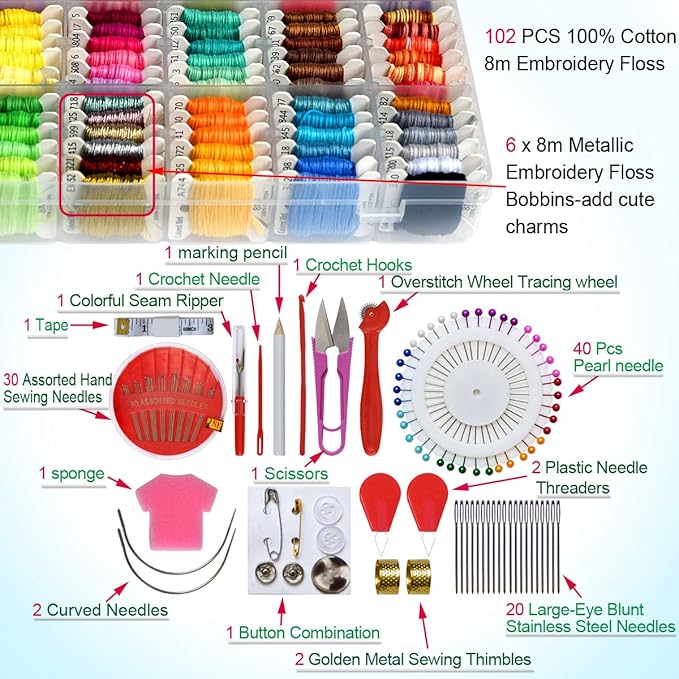 Embroidery Floss Cross Stitch Threads String Kits with Organizer Storage Box Included 108pcs Colorful Friendship Bracelets Floss with Number Stickers&Floss Bobbins &110 Pcs Cross Stitch Tool Kits