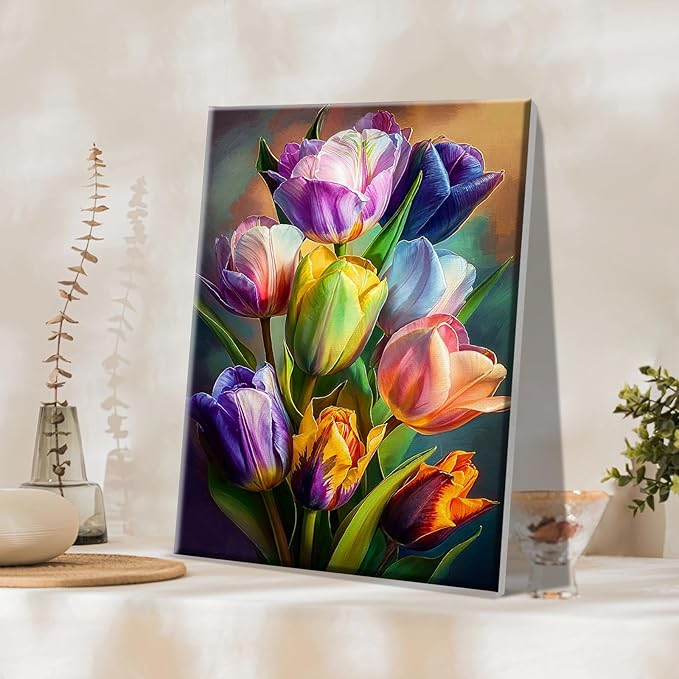 JOOZ Paint by Numbers Kit for Adults Flowers Paint by Number with Frame Floral Paint by Number with Easel Tulip Digital Oil Painting Kits for Gift Home Wall Decor 7.87x11.81 Inch