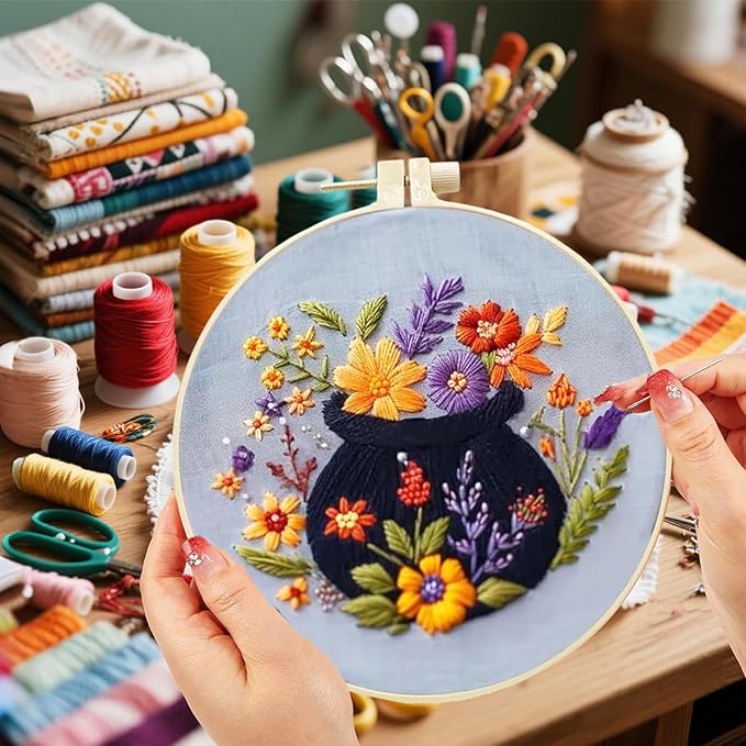 Floral Witch Hat Embroidery Kit Halloween Cross Stitch Material Set with Bat Skull Flower Pumpkin Patterns, DIY Hand Needlepoint Embroidery Craft Kit for Beginners Professional (Floral Cauldron A)
