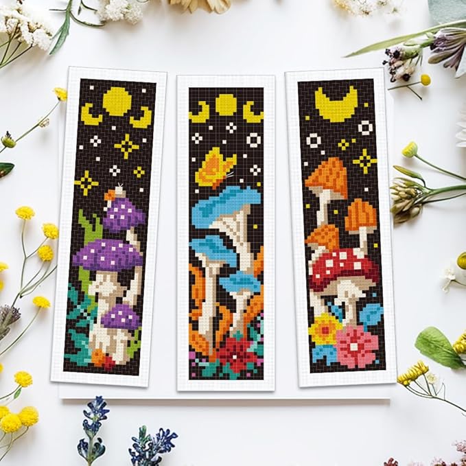 ACRNIGHEET 6PCS Cross Stitch Bookmark Kits Mushroom Pattern Stamped Cross Stitch Kits for Beginners Adults DIY Stamped Embroidery Bookmarks with Instructions Hand Embroidery Craft Gift