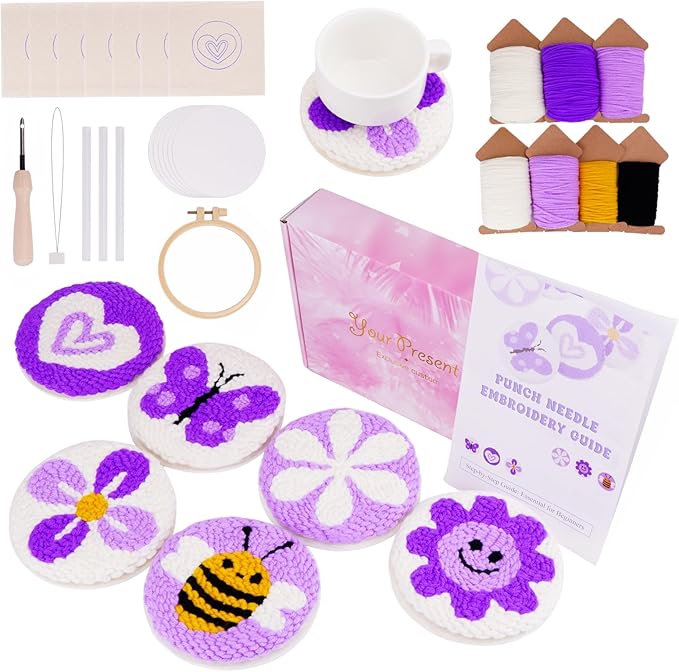 Nuoviyiya Punch Needle Kit for Adults Beginner - Complete Punch Stitching Kits with 6 Patterned Fabrics, Felt, Yarns, Tools and Instructions - Easy Embroidery Coaster Kit for Craft Enthusiasts