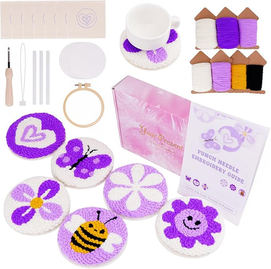 Nuoviyiya Punch Needle Kit for Adults Beginner - Complete Punch Stitching Kits with 6 Patterned Fabrics, Felt, Yarns, Tools and Instructions - Easy Embroidery Coaster Kit for Craft Enthusiasts