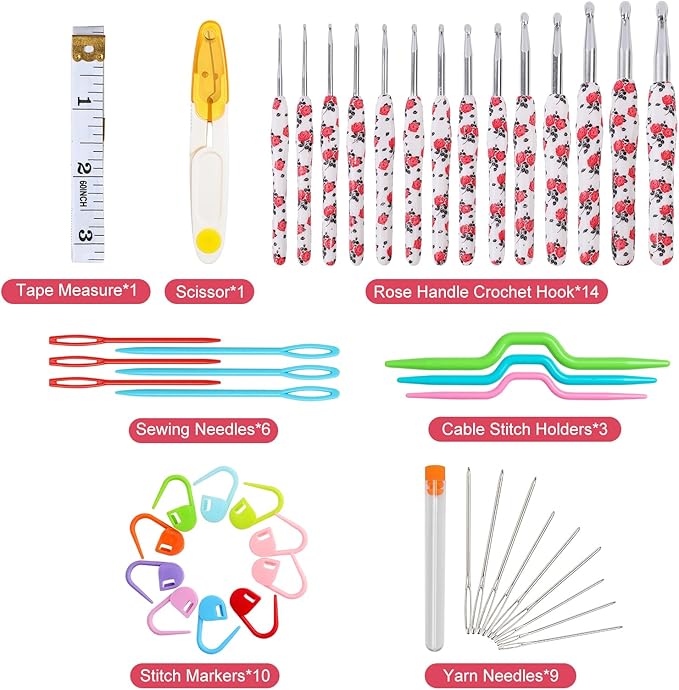 Looen Crochet Hooks Set, 14 Sizes 2.25mm(B)-10mm(N) Ergonomic Handle for Arthritic Hands, Soft Rubber Grip Knitting Needles Kit for Crochet Beginners, Knitting Enthusiasts (Pink)