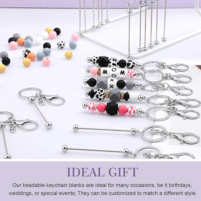 Tondiamo 24 Pcs Beadable Keychain Bars Bulk Beads for Keychain Making Kit Gifts for Women Men DIY Crafts(Silver)