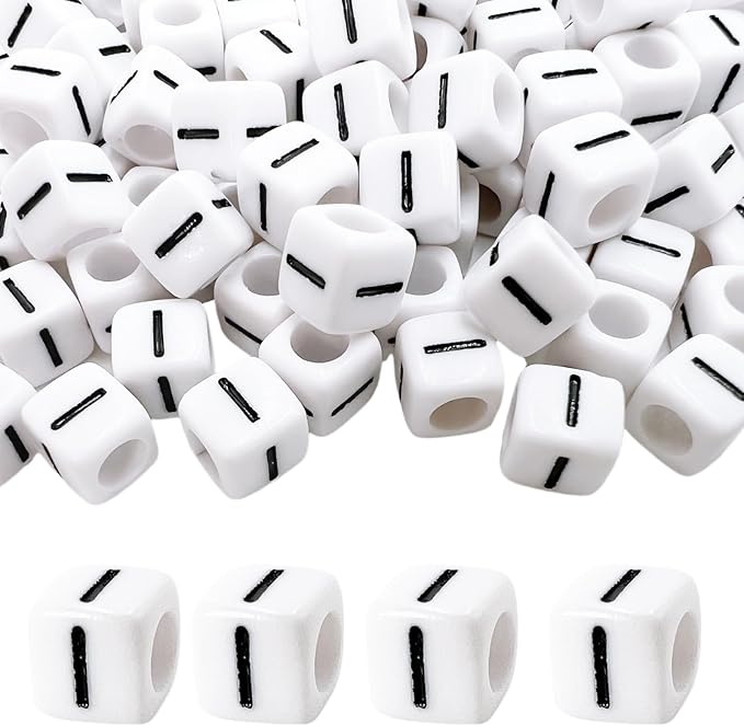 MIIIM 100pcs Pony Beads Letter I for Keychains Making, 6x6mm Large Hole Square Letter Beads for Bracelets Making, Alphabets, Numbers (White and Black)