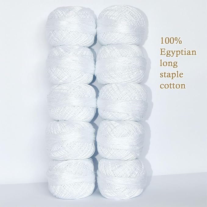 Double Mercerized Egyptian Long Staple Cotton Pearl Thread Ball 10 Grams Rainbow Color Embroidery Thread 10 Balls per Box for Crochet Hardanger Cross Stitch Hand Embroidery,White