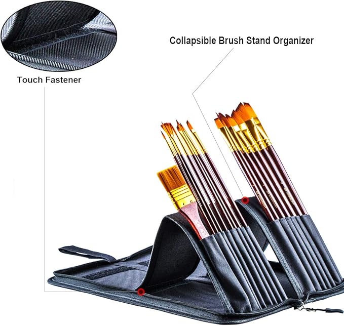 Transon 16pcs Professional Long Artist Paint Brush Set with Brush Case Assorted for Acrylic Watercolor Gouache Oil Tempera and Body Painting