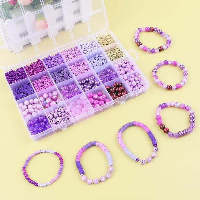 Purple Beads for Jewelry Making,3500pcs Clay Beads,Purple Friendship Bracelet Making Kit DIY Craft Set with 3mm Seed Bead,8mm Glass Bead