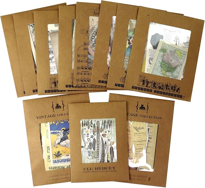 CATaireen Vintage Junk-Journal Mixed Paper Scrapbooking Embellishments Set Retro Journaling Decoupage Stickers Textured Packaging Decorative Cards Tags Kit (Bundle Collection)