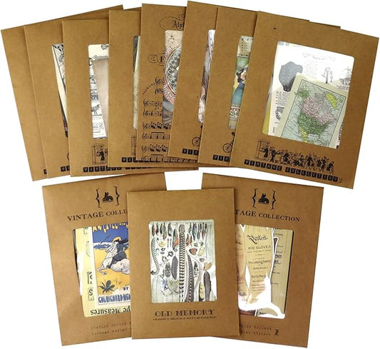 CATaireen Vintage Junk-Journal Mixed Paper Scrapbooking Embellishments Set Retro Journaling Decoupage Stickers Textured Packaging Decorative Cards Tags Kit (Bundle Collection)