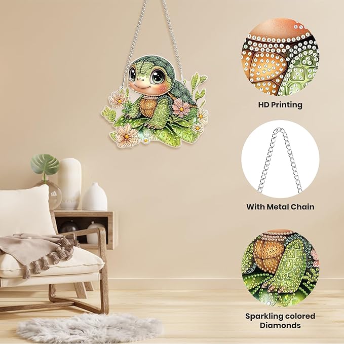 Hanging Diamond Art Kits for Adults Beginners, Turtle Flower Diamond Painting Pendant Kit, DIY Acrylic 5D Special Shaped Crystal Diamond Gem Art Painting Hanging Ornament for Home Wall Decor