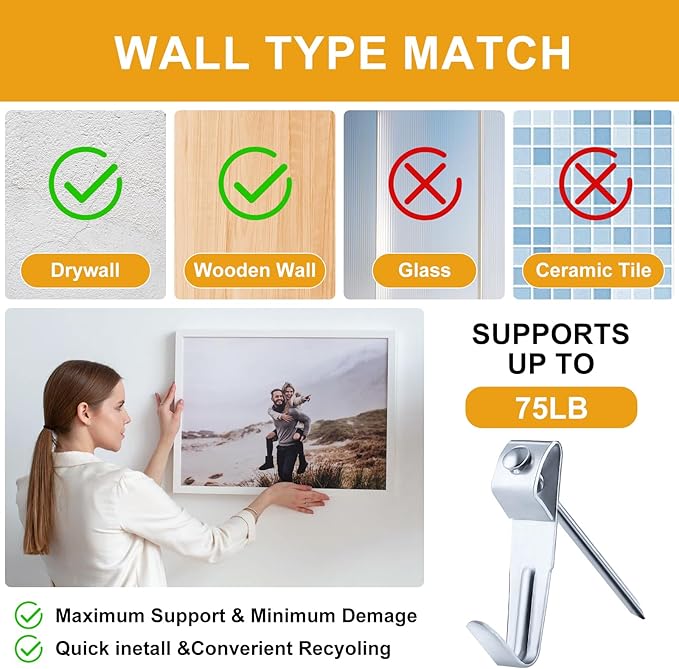 KURUI Picture Hanging Kit for Wall Decor, Frame, Painting, Art, Photo, 385Pcs Picture Hangers with Heavy Duty Hooks, Sawtooth, Hardware Nails, Wall Hangers for Bedroom Office Classroom (Silver)