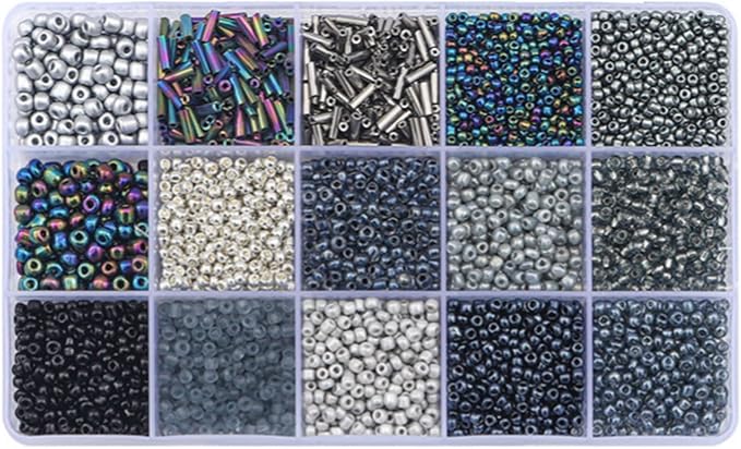 Mix 15 Color Glass Seed Tube Beads Glass Bugle Beads Loose Kit for Jewelry Making DIY Craft Beading (Mix 15 Color, Black)
