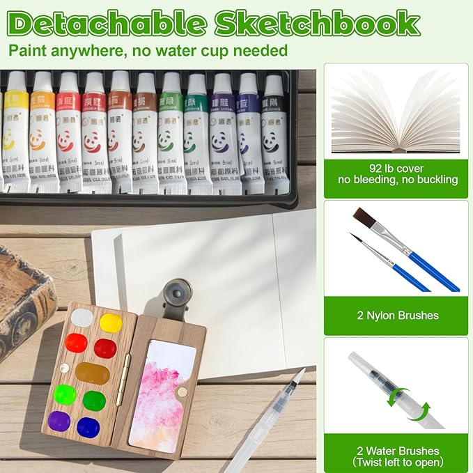 Watercolor Paint Set 12 Colors 8 Pieces Travel Mini Kit Wooden Palette Portable Art Supplies for Adults Beginners Sketching Painting Gift