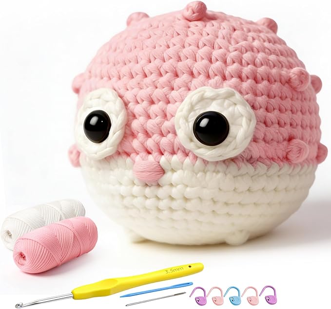 Cokiddle Crochet Kit for Beginners, Cute Pufferfish Shape with Step-by-Step Video Tutorials, Soft Yarn, Hooks & Full Supplies, Exclusive Crochet Kit for Beginners, DIY Craft, Great Teen Gifts