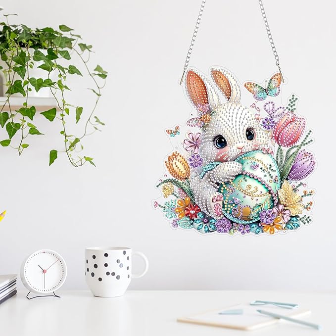 MAXBYE Easter White Rabbit with Eggs Hanging Diamond Art Painting Kits for Adults Beginners, DIY 5D Special Shaped Crystal Painting Diamond Kits Hanging Ornament for Gift Home Wall Door Decor 8×12Inch