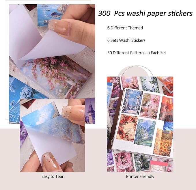 6 sets 300 pcs washi stickers set colorful dreams sticker book for journaling, diy decorative paper sticker decals for bullet journal art scrapbooking diary card craft gift album notebook stationery