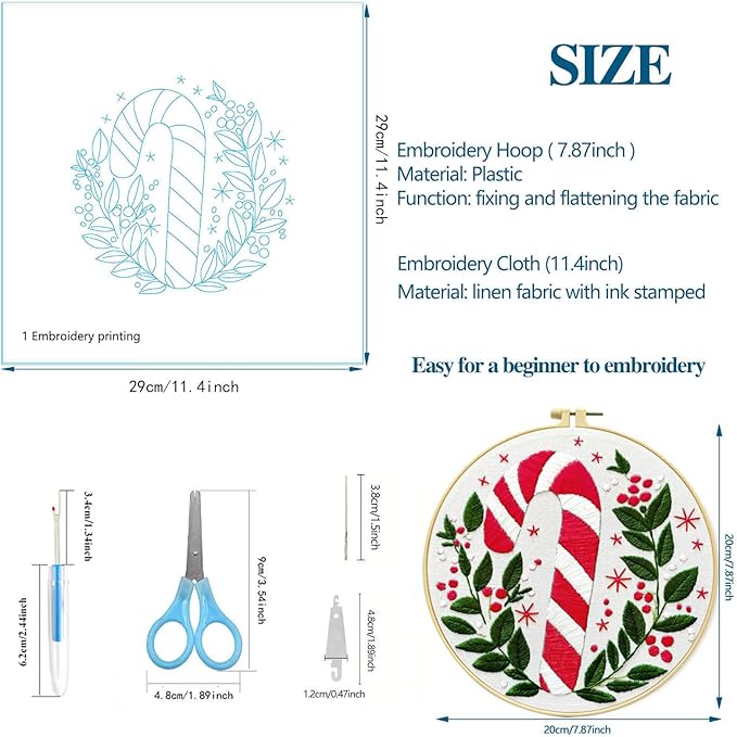 Zhenqing Christmas Embroidery Kit for Beginners - 4 Piece 29x29cm Round Designs with Embroidery Hoop, Threads & Tools (Snowy Cabin, Fireplace, Candy Cane, Holly)(C0066)