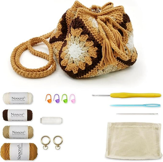 Noocro Crochet Kit Granny Square Shumai Bag, Purse, Complete DIY Kit, Detailed Instructions, Video Tutorials, for Beginners or Intermediate and Advanced Crocheters (Amber)
